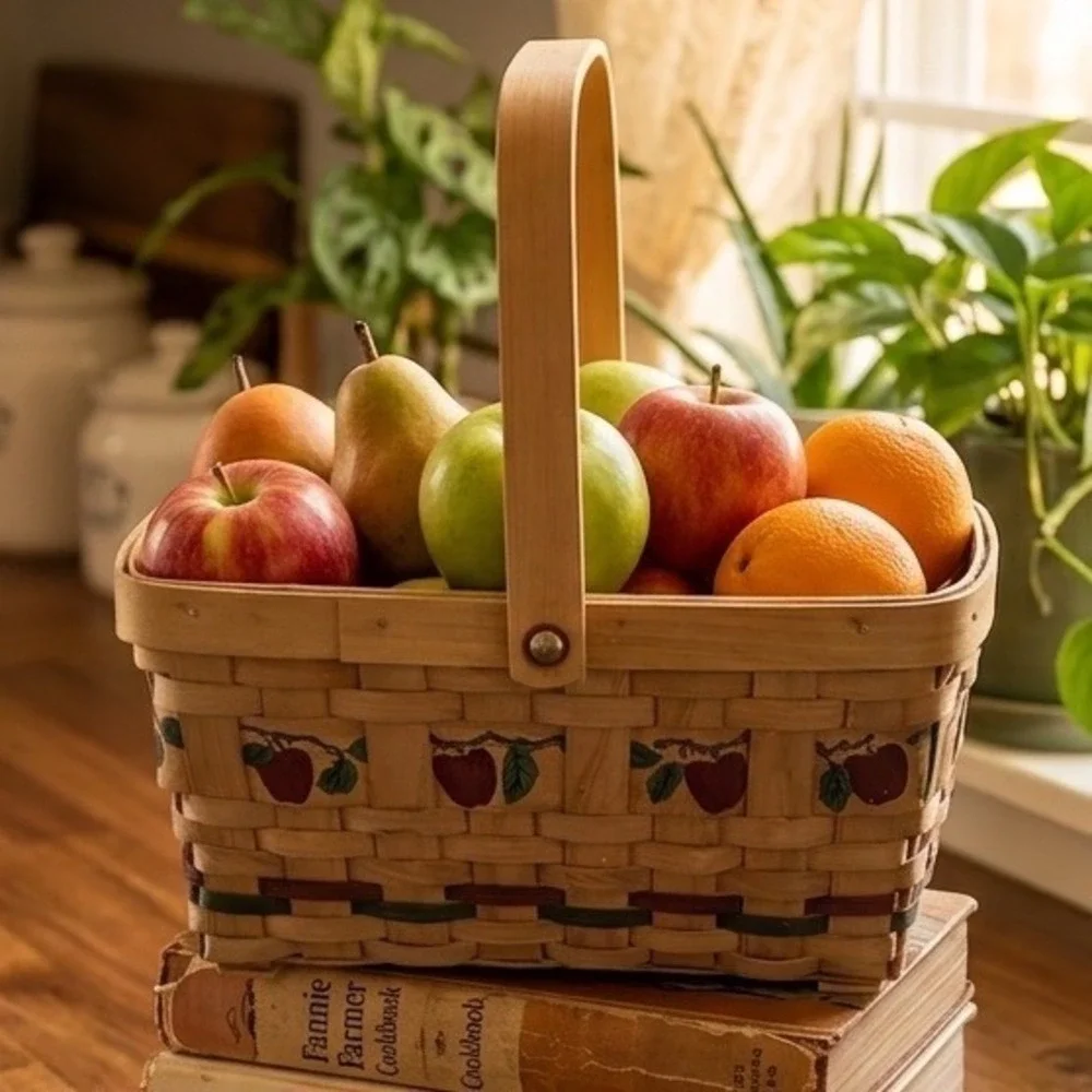 Vintage Woven Wood Splint Apple Basket Farmhouse Decor Swing Handle Rectangular